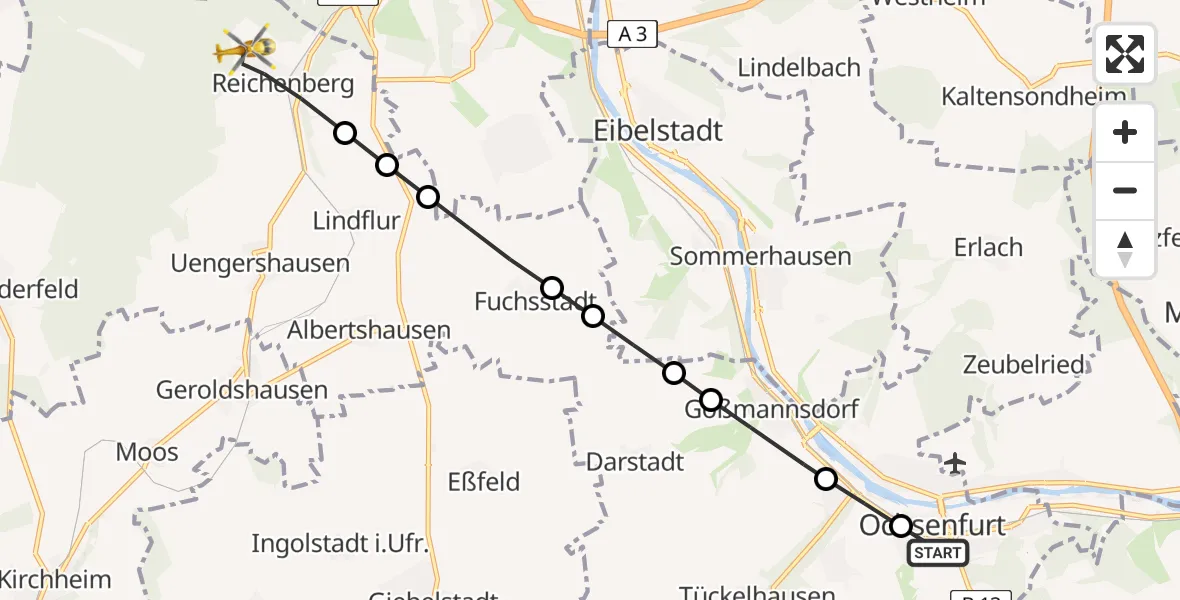 Flugroute Rettungshubschrauber Ochsenfurt - Reichenberg, 11 Februar 2026, 16:32