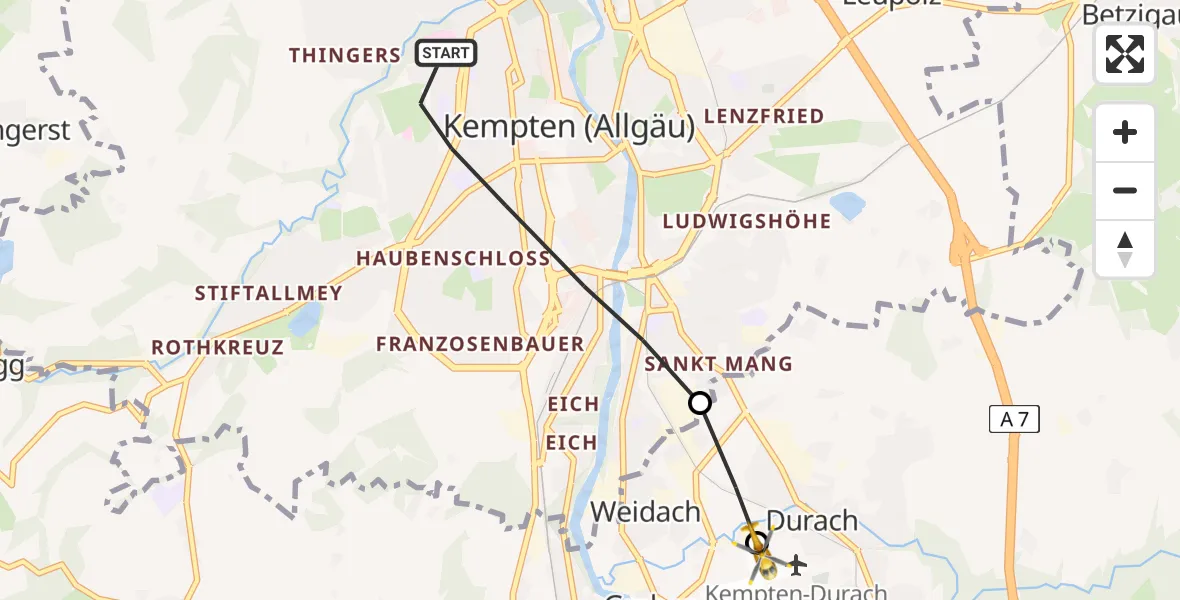 Flugroute Rettungshubschrauber Kempten (Allgäu) - Kempten-Durach Airfield, 11 Februar 2026, 16:33
