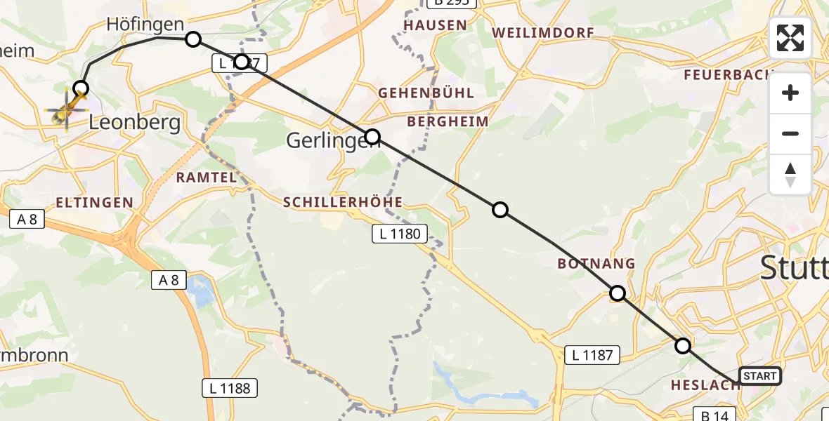 Flugroute Rettungshubschrauber Stuttgart-Süd - Leonberg Hospital Heliport, 11 Februar 2026, 16:34