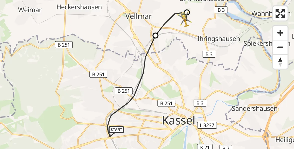 Routekaart van de vlucht: Rettungshubschrauber nach Fuldatal Federal Police Heliport