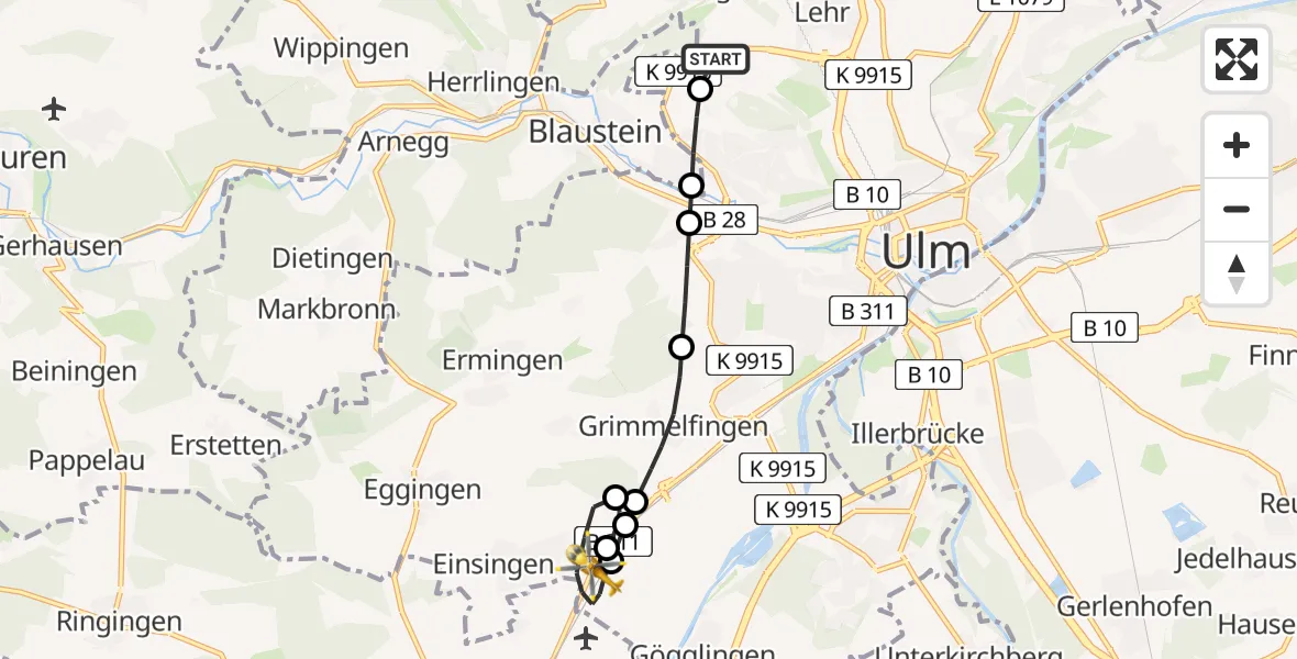 Flugroute Rettungshubschrauber ADAC Air Rescue Station Ulm (Christoph 22) - Einsingen, 11 Februar 2026, 17:16