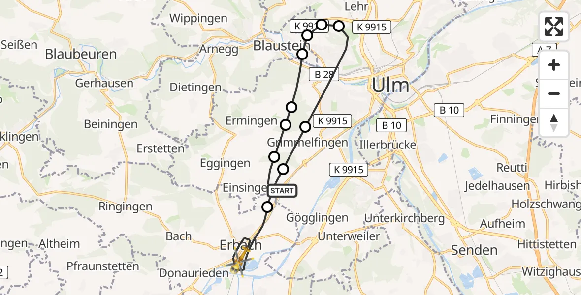 Routekaart van de vlucht: Rettungshubschrauber nach Erbach, Heinrich-Hammer-Straße
