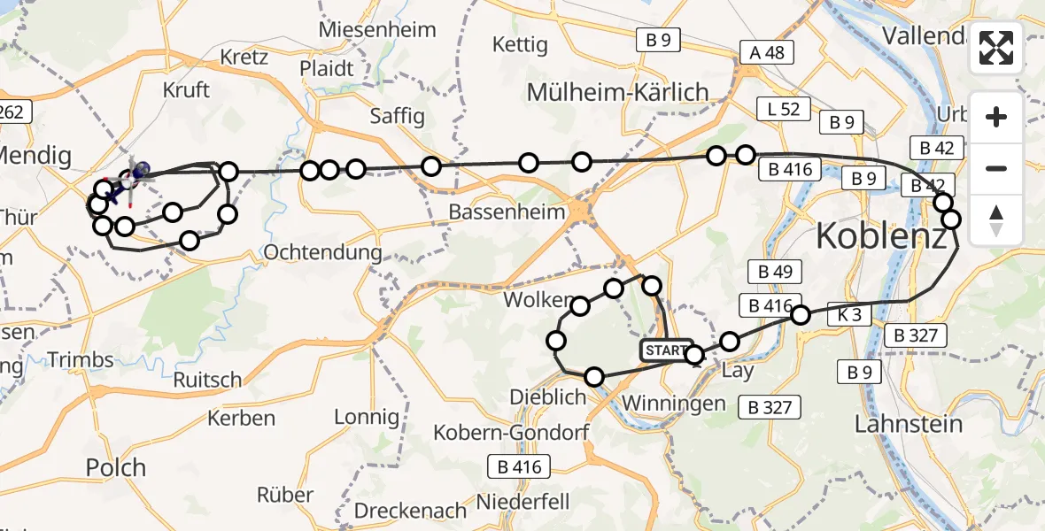 Flugroute Polizeihubschrauber Winningen - Mendig Airfield, 11 Februar 2026, 18:29