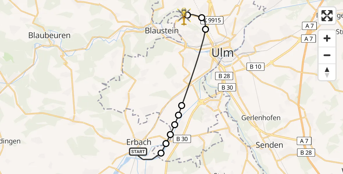 Flugroute Rettungshubschrauber Erbach - ADAC Air Rescue Station Ulm (Christoph 22), 11 Februar 2026, 18:36
