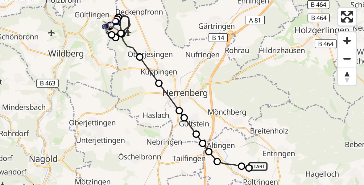 Routekaart van de vlucht: Polizeihubschrauber nach Deckenpfronn, Wolfackerweg