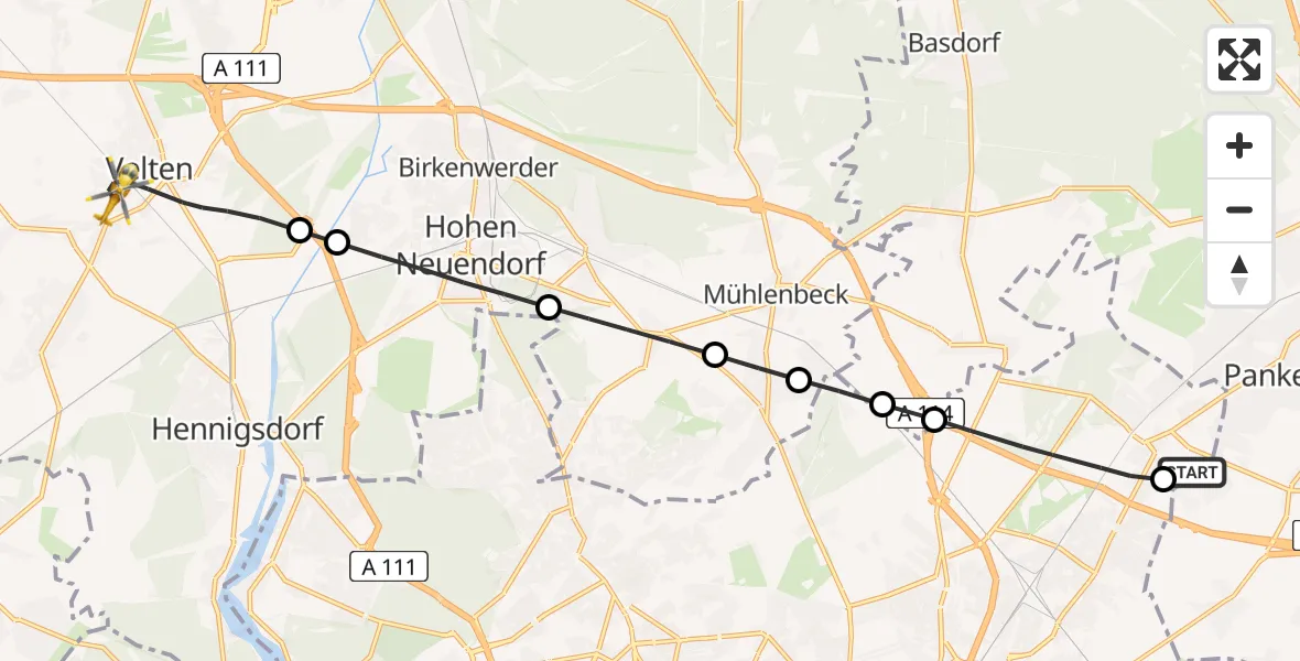 Flugroute Rettungshubschrauber Helios Clinic Berlin-Buch Heliport - Velten, 11 Februar 2026, 18:45