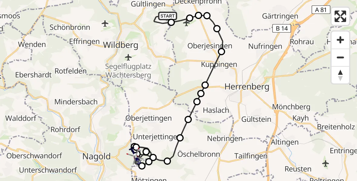 Flugroute Polizeihubschrauber Gültlingen - Nagold, 11 Februar 2026, 19:02