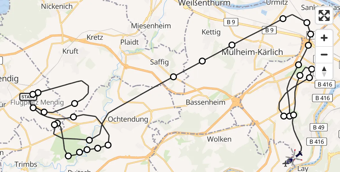 Flugroute Polizeihubschrauber Mendig - Koblenz-Winningen Airfield, 11 Februar 2026, 19:03