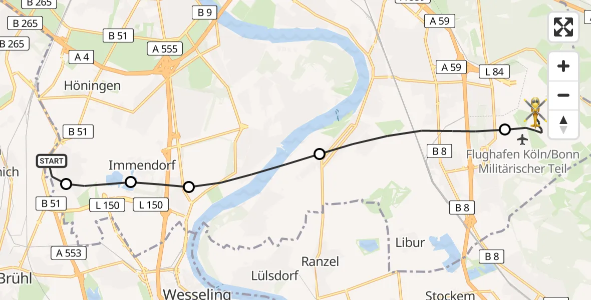 Flugroute Ambulanzhubschrauber Hürth - Cologne Bonn Airport, 11 Februar 2026, 19:12