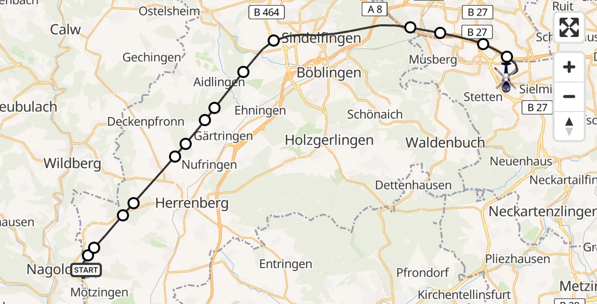 Flugroute Polizeihubschrauber Nagold - Stuttgart Airport, 11 Februar 2026, 19:21