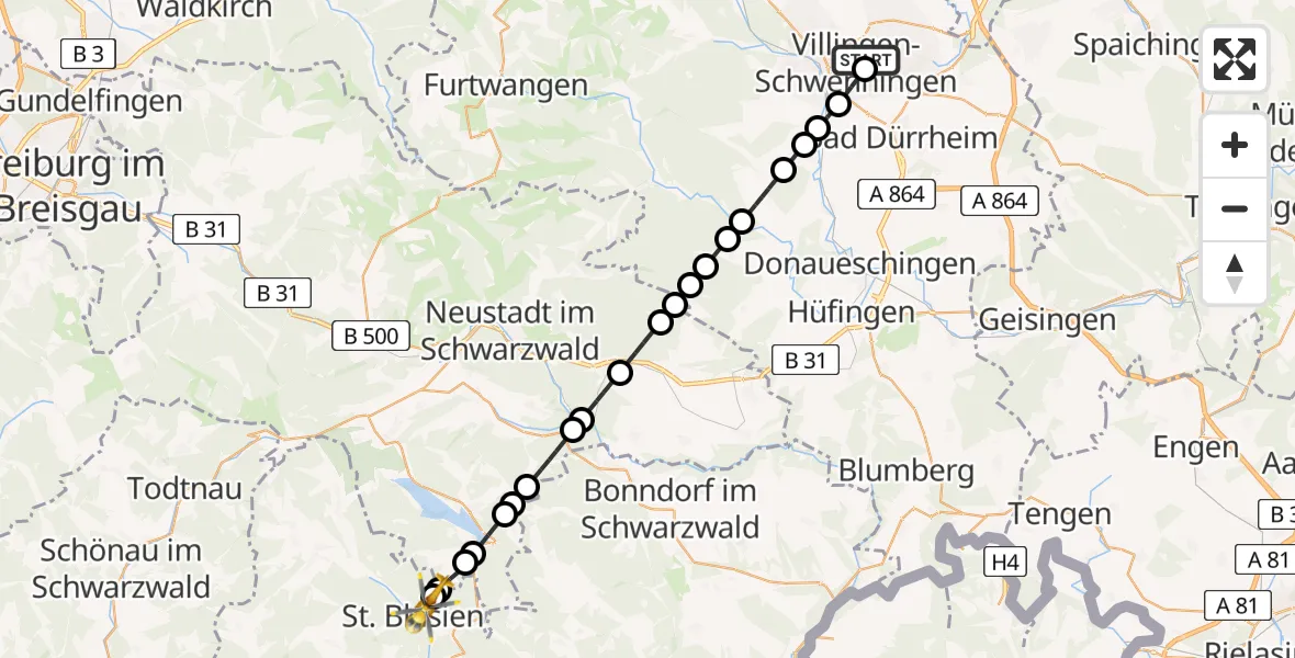 Flugroute Rettungshubschrauber DRF Air Rescue Station Villingen-Schwenningen Heliport (Christoph 11) - St. Blasien, 11 Februar 2026, 19:26