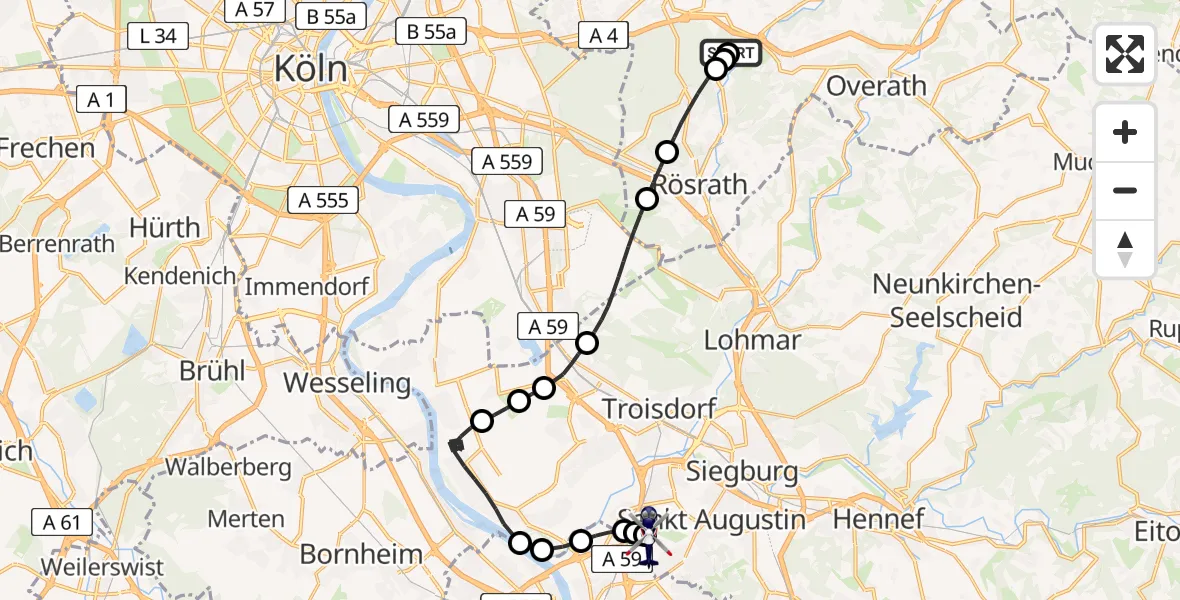 Flugroute Polizeihubschrauber Untereschbach - Sankt Augustin, 11 Februar 2026, 19:32