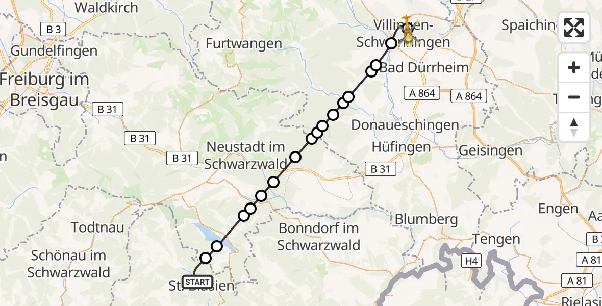 Routekaart van de vlucht: Rettungshubschrauber nach DRF Air Rescue Station Villingen-Schwenningen Heliport (Christoph 11)