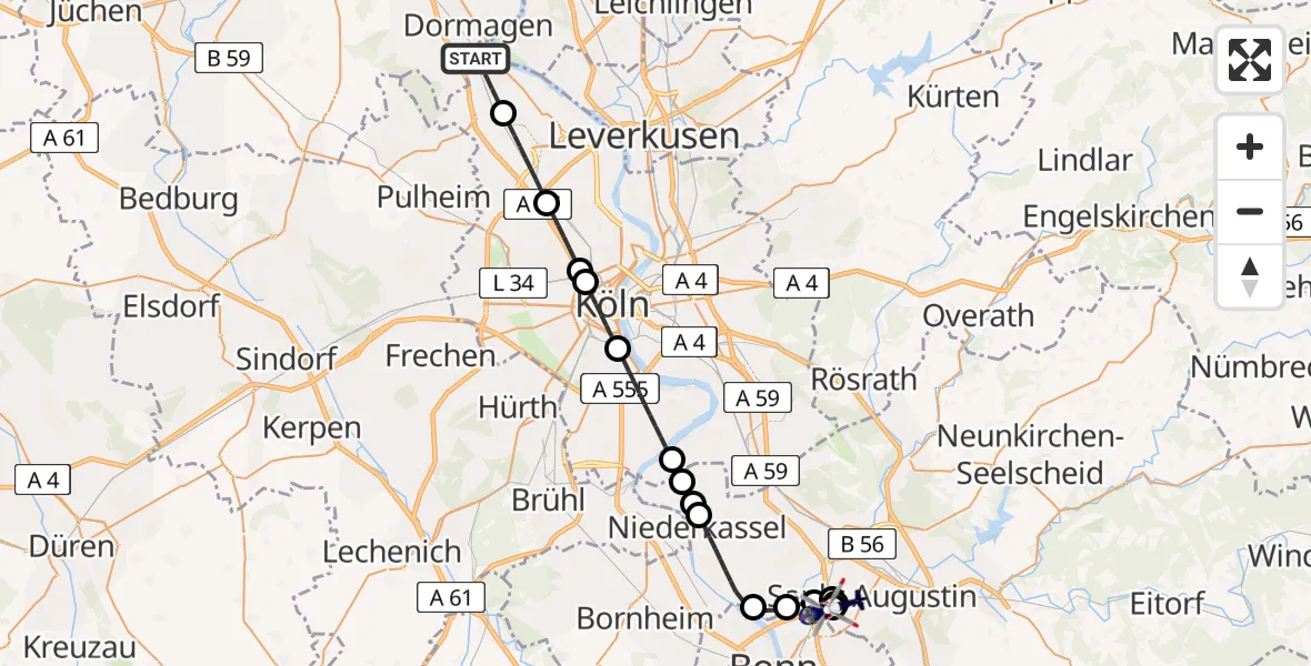Flugroute Polizeihubschrauber Worringen - Sankt Augustin, 11 Februar 2026, 22:37