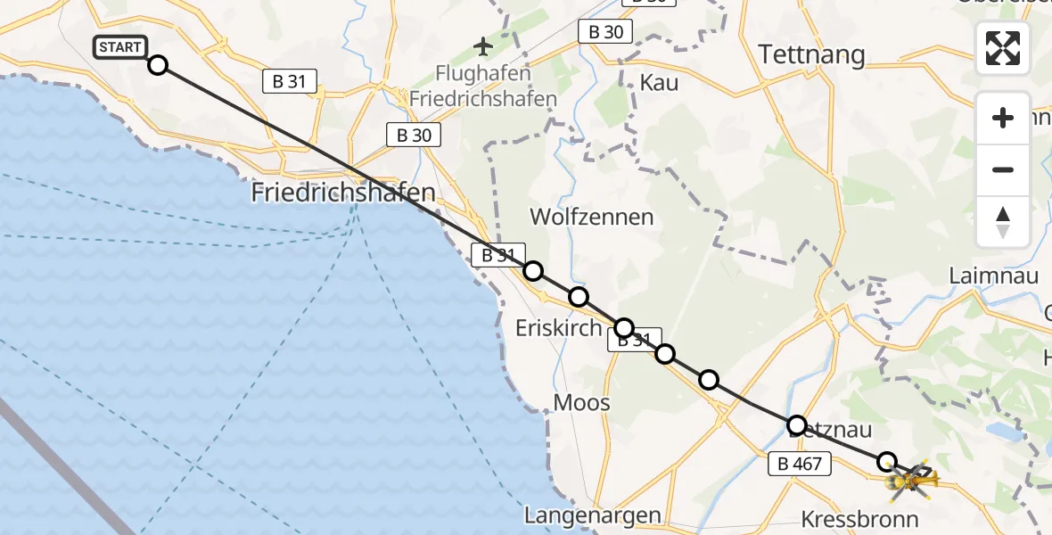 Flugroute Rettungshubschrauber Friedrichshafen Hospital Heliport - Berg, 12 Februar 2026, 06:13