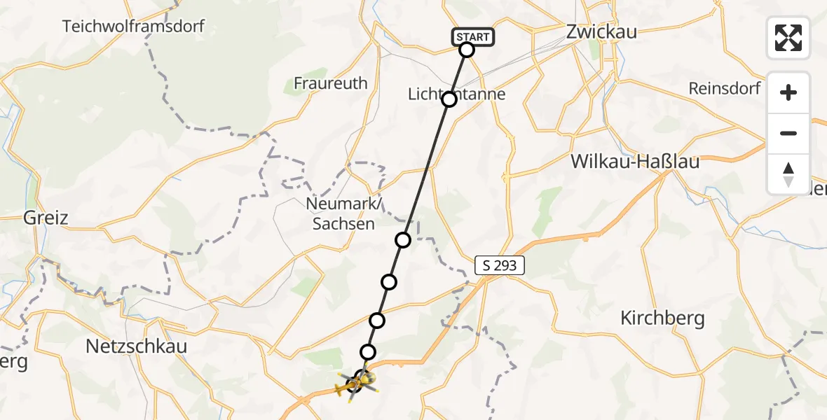 Flugroute Rettungshubschrauber ADAC Air Rescue Station Zwickau Heliport - Waldkirchen, 12 Februar 2026, 07:01
