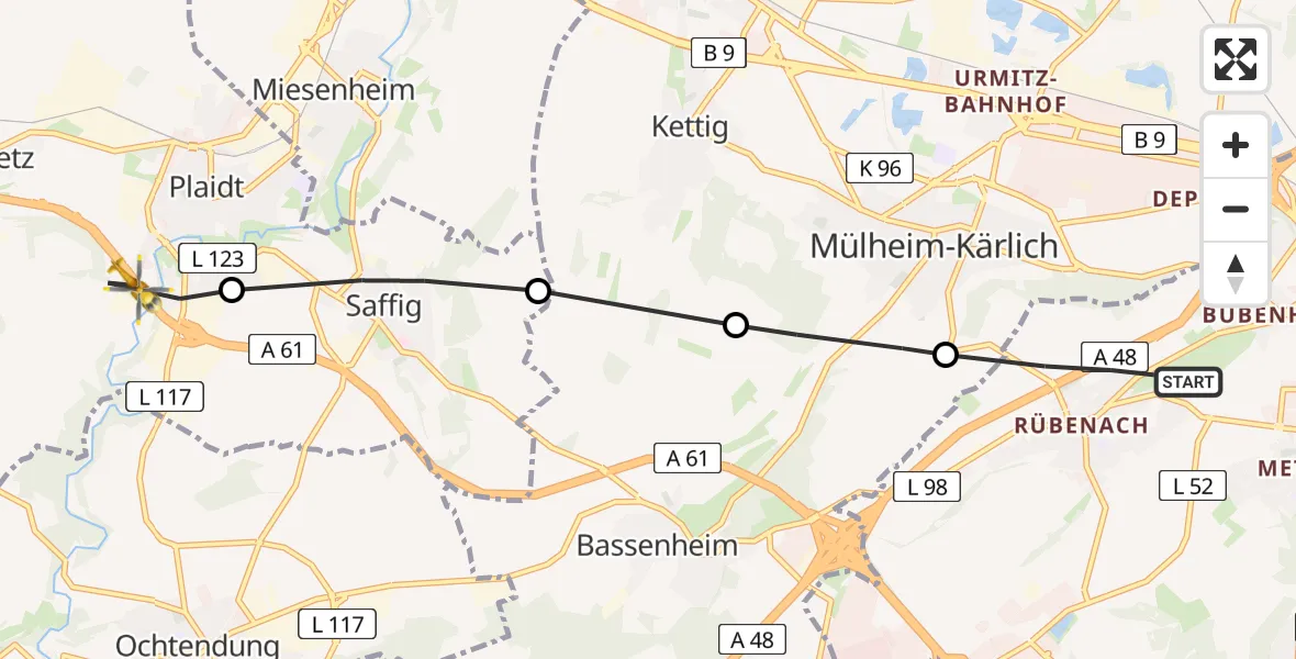Flugroute Rettungshubschrauber Rübenach - Plaidt, 12 Februar 2026, 07:04