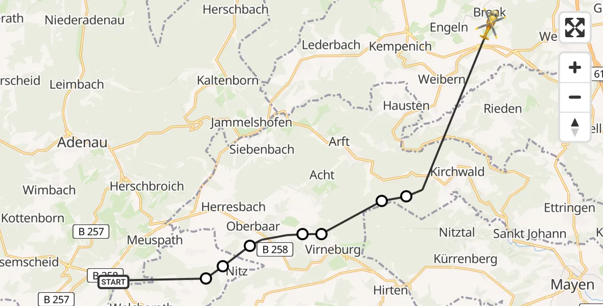 Flugroute Ambulanzhubschrauber Nürburgring Heliport - Brenk, 12 Februar 2026, 07:16