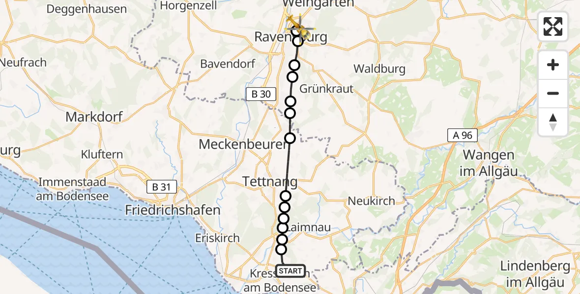 Flugroute Rettungshubschrauber Berg - Sankt Elisabeth Hospital Heliport, 12 Februar 2026, 07:24