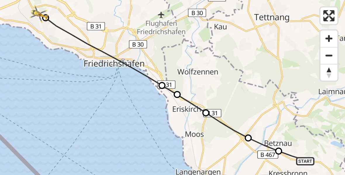 Flugroute Rettungshubschrauber Berg - Friedrichshafen Hospital Heliport, 12 Februar 2026, 07:26