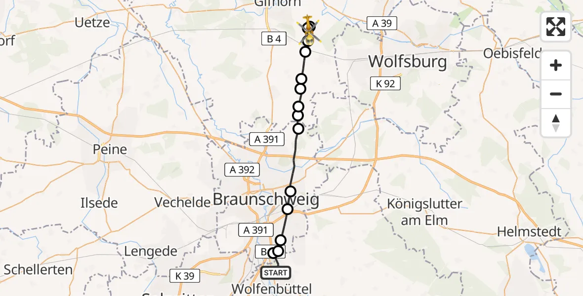 Flugroute Rettungshubschrauber Wolfenbüttel - Tankumsee, 12 Februar 2026, 07:33