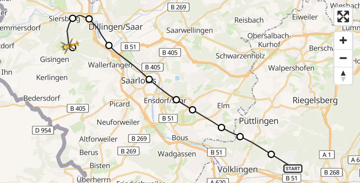 Flugroute Rettungshubschrauber Saarbrücken - Wallerfangen, 12 Februar 2026, 07:39