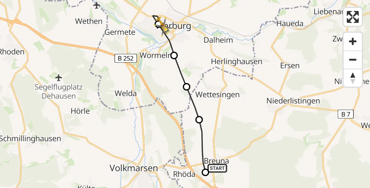 Flugroute Rettungshubschrauber Breuna mit Rhöda - Warburg, 12 Februar 2026, 07:59