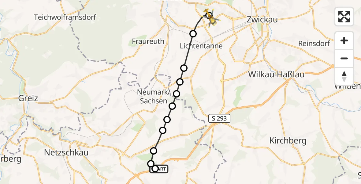 Flugroute Rettungshubschrauber Waldkirchen - ADAC Air Rescue Station Zwickau Heliport, 12 Februar 2026, 07:59