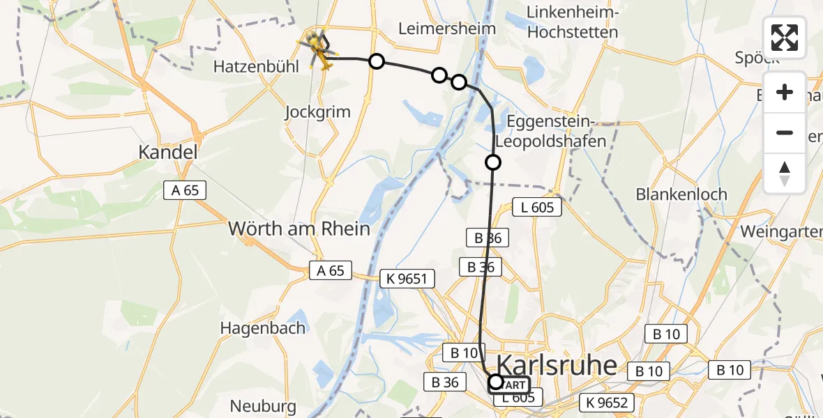 Flugroute Rettungshubschrauber Sankt Vincentius Hospital Heliport - Rheinzabern, 12 Februar 2026, 08:04