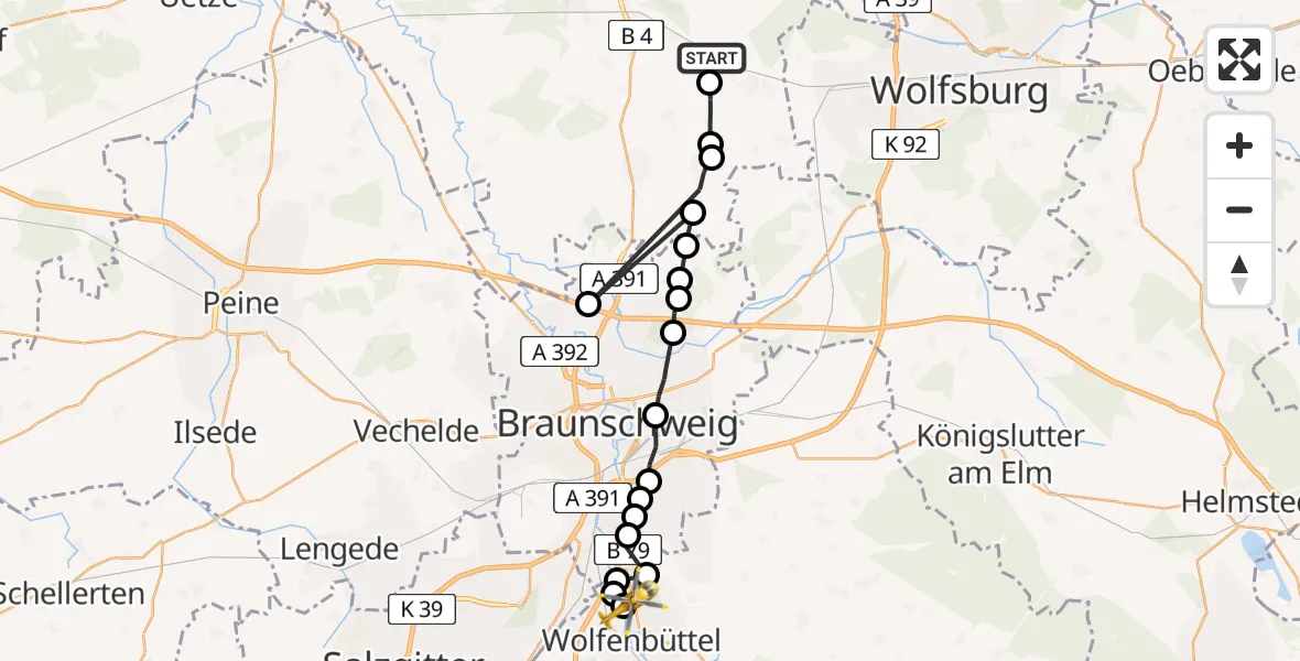 Routekaart van de vlucht: Rettungshubschrauber nach Wolfenbüttel Municipal Hospital Heliport (Christoph 30)