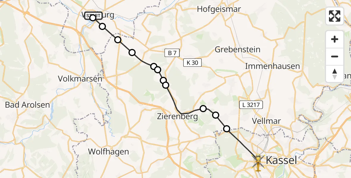 Flugroute Rettungshubschrauber Warburg - Kassel, 12 Februar 2026, 08:26