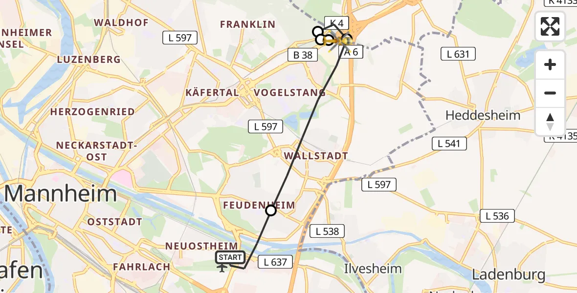 Flugroute Rettungshubschrauber Mannheim-City Airport - Mannheim, 12 Februar 2026, 08:32