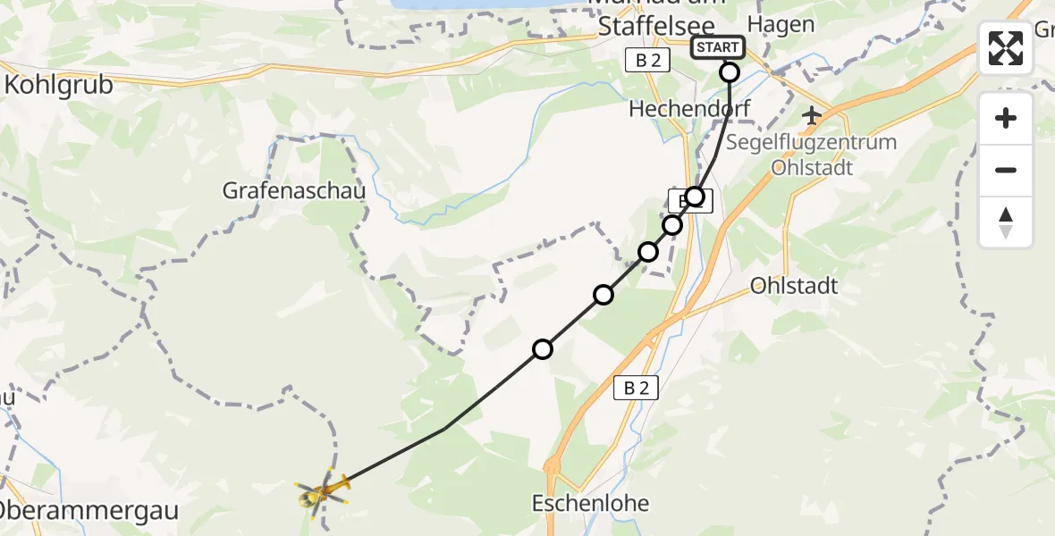 Flugroute Rettungshubschrauber Murnau Accident Hospital Heliport - Oberammergau, 12 Februar 2026, 08:35