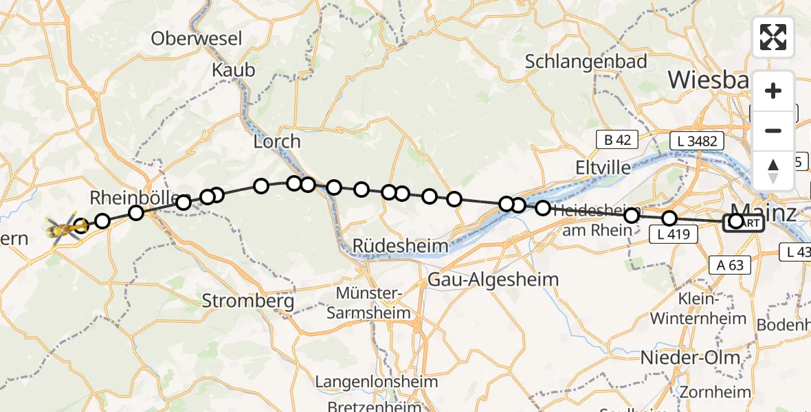 Flugroute Rettungshubschrauber Mainz University Hospital Heliport - Schnorbach, 12 Februar 2026, 08:40