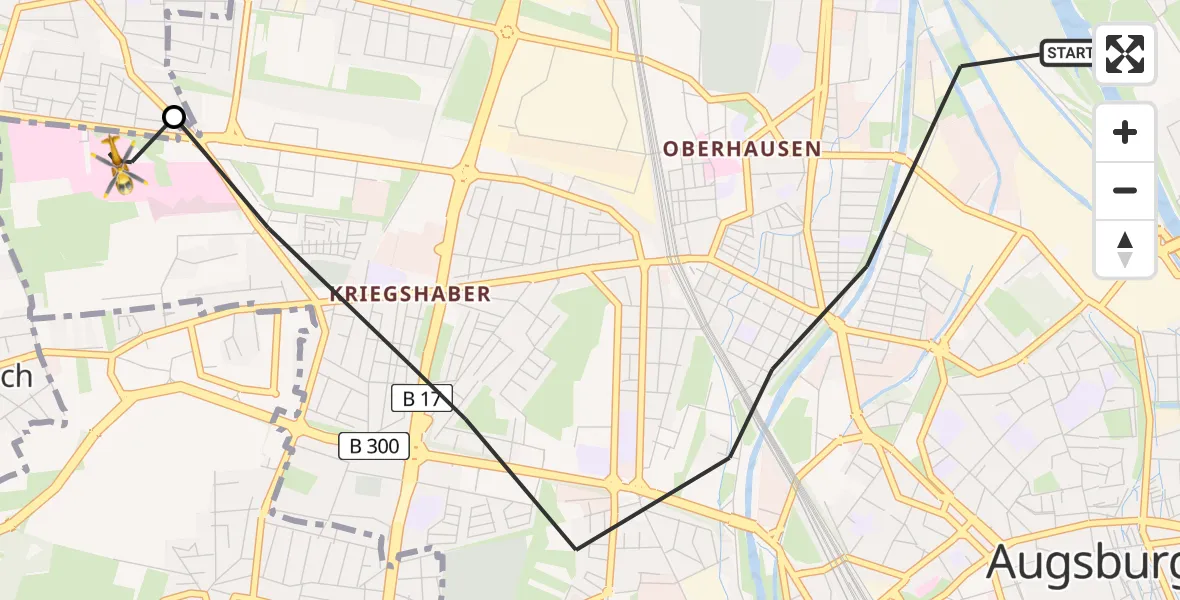 Flugroute Rettungshubschrauber Augsburg - Augsburg University Hospital Heliport, 12 Februar 2026, 09:01