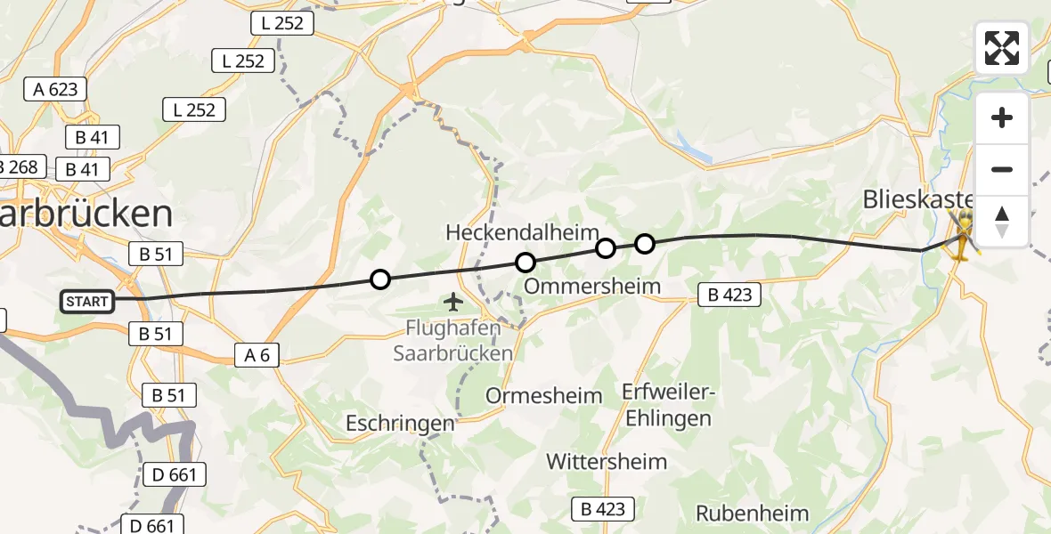 Flugroute Rettungshubschrauber Saarbrücken - Blieskastel, 12 Februar 2026, 09:04