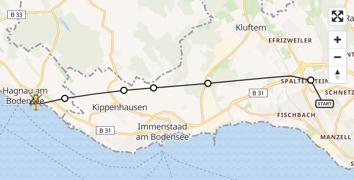 Flugroute Rettungshubschrauber Friedrichshafen Hospital Heliport - Hagnau am Bodensee, 12 Februar 2026, 09:07
