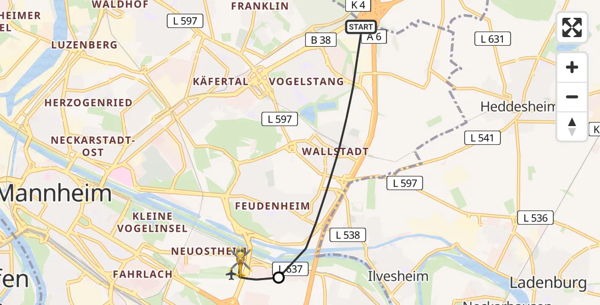 Flugroute Rettungshubschrauber Mannheim - Mannheim-City Airport, 12 Februar 2026, 09:10