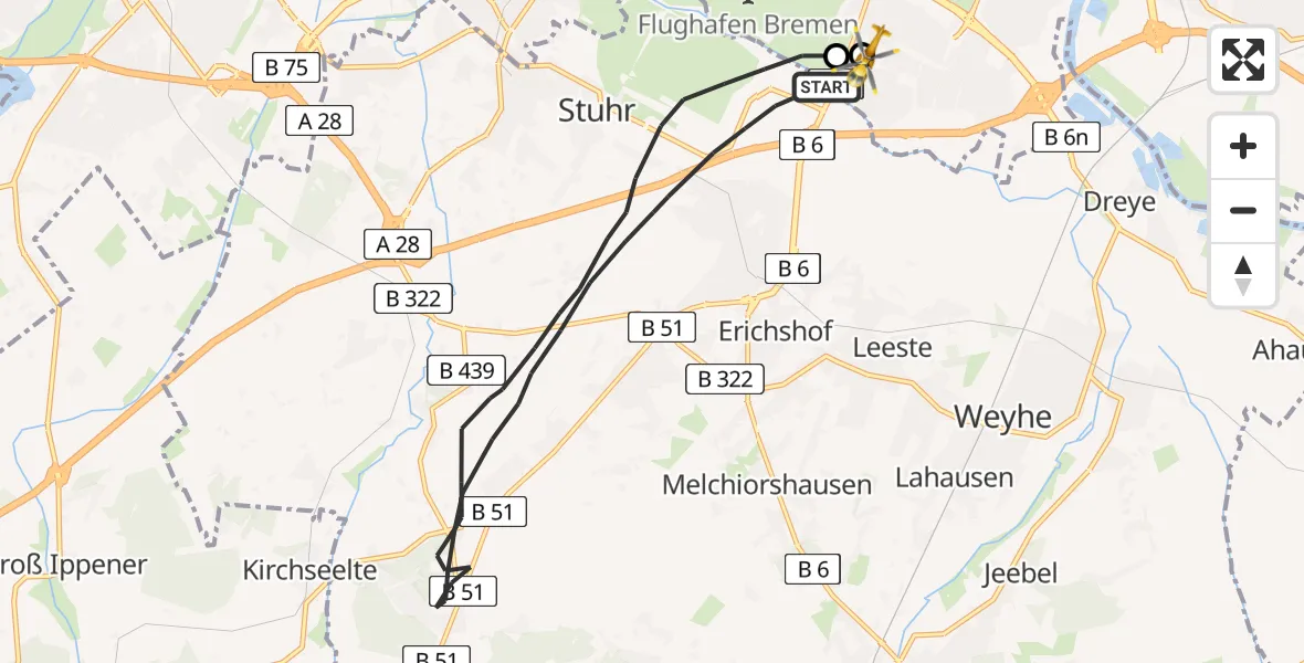 Routekaart van de vlucht: Rettungshubschrauber nach ADAC Air Rescue Station Bremen Heliport (Christoph 6)