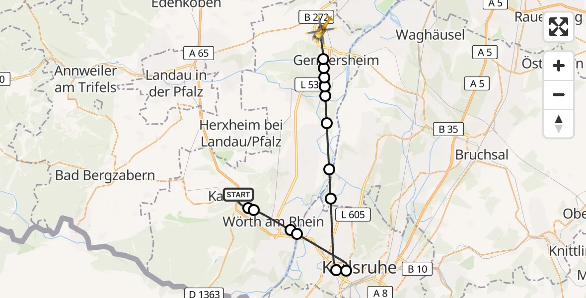 Flugroute Rettungshubschrauber Kandel - Lingenfeld, 12 Februar 2026, 09:20