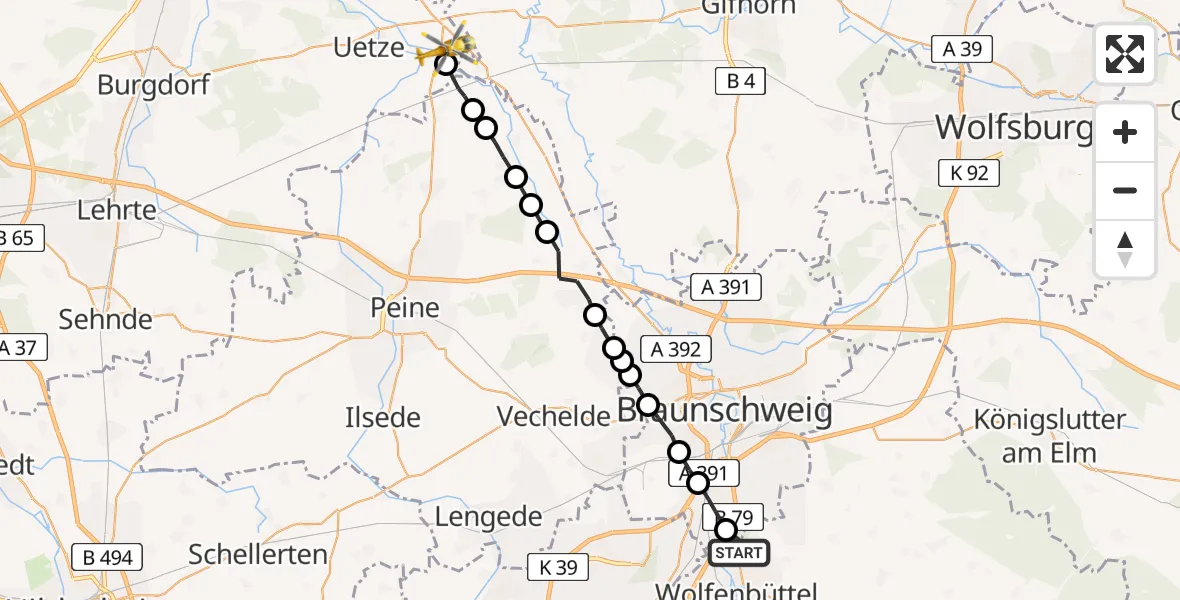 Flugroute Rettungshubschrauber Wolfenbüttel - Eltze, 12 Februar 2026, 09:27