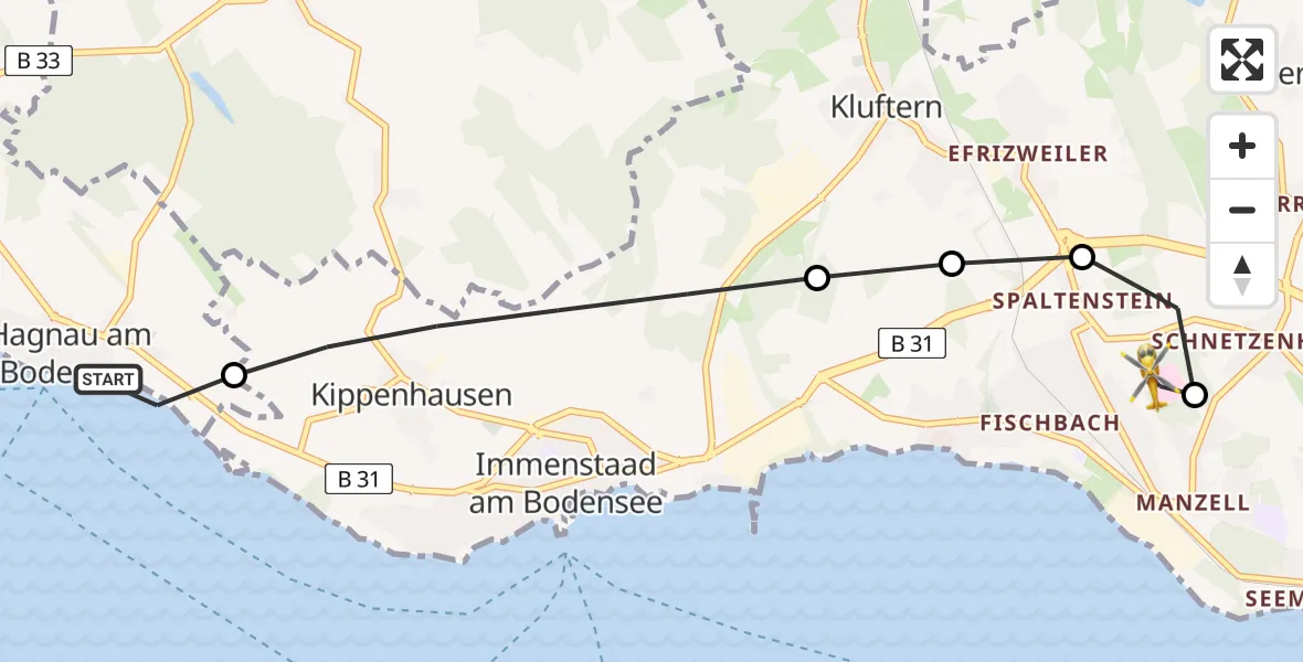 Flugroute Rettungshubschrauber Hagnau am Bodensee - Friedrichshafen Hospital Heliport, 12 Februar 2026, 09:35