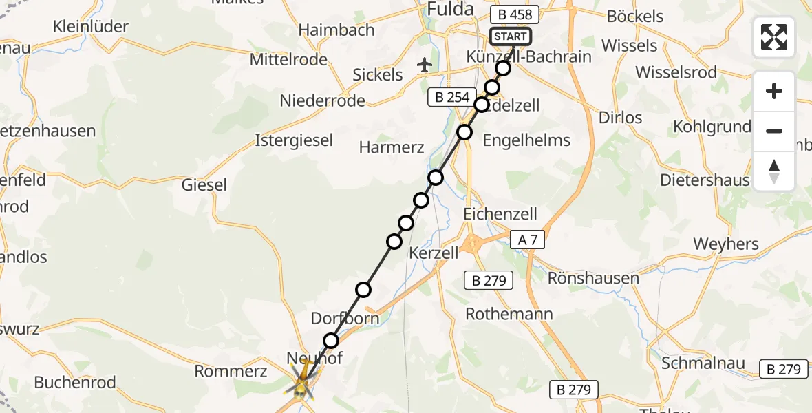 Flugroute Rettungshubschrauber Fulda Hospital Heliport - Neuhof, 12 Februar 2026, 09:37