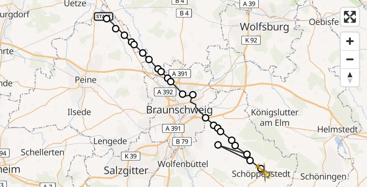 Flugroute Rettungshubschrauber Plockhorst - Schöppenstedt, 12 Februar 2026, 09:55