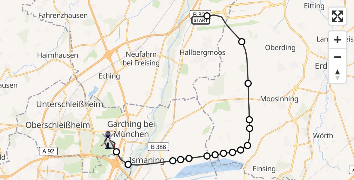 Flugroute Polizeihubschrauber Hallbergmoos - Garching bei München, 12 Februar 2026, 09:56