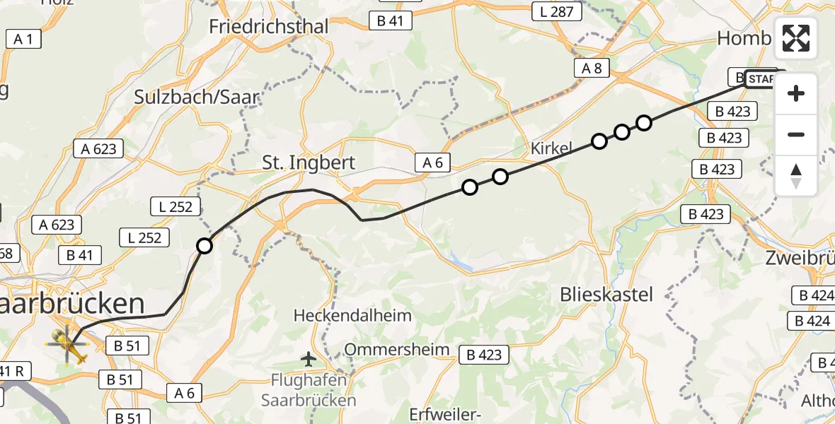 Flugroute Rettungshubschrauber Homburg - Saarbrücken, 12 Februar 2026, 10:01