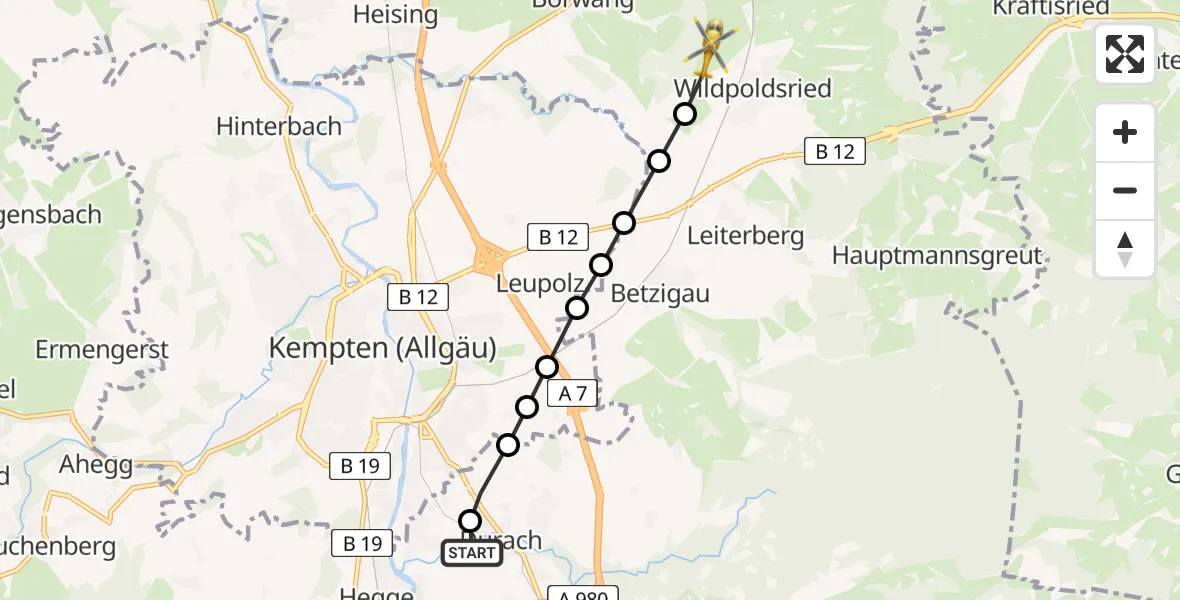 Flugroute Rettungshubschrauber Kempten-Durach Airfield - Haldenwang, 12 Februar 2026, 10:05