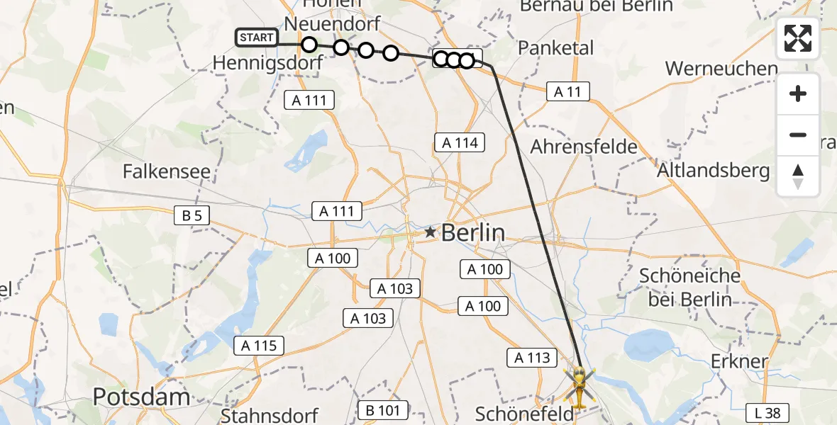 Flugroute Rettungshubschrauber Hennigsdorf - Berlin, 12 Februar 2026, 10:16