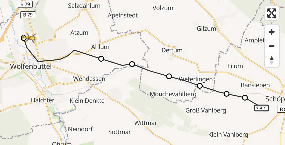 Flugroute Rettungshubschrauber Schöppenstedt - Wolfenbüttel Municipal Hospital Heliport (Christoph 30), 12 Februar 2026, 10:25