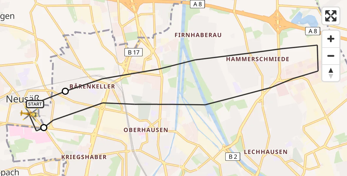 Flugroute Rettungshubschrauber Neusäß - Neusäß, 12 Februar 2026, 10:31